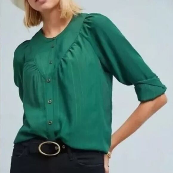Anthropologie Maeve Avignon Emerald Button Down Blouse Size S - Picture 1 of 7